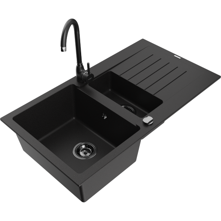Mexen Matias granite sink 1.5-bowl with drainer and Telma kitchen tap, black - 6502-77-670200-70-B