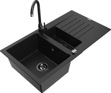 Mexen Matias granite sink 1.5-bowl with drainer and Telma kitchen tap, black - 6502-77-670200-70-B