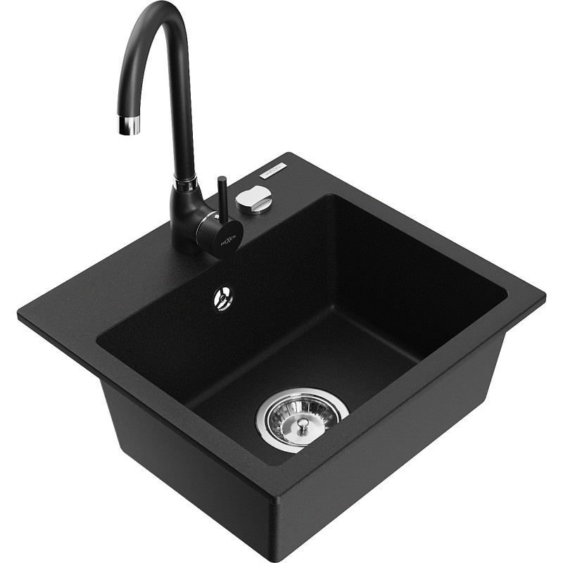Mexen Milo granite single-bowl kitchen sink with Telma kitchen faucet, black - 6505-77-670200-70