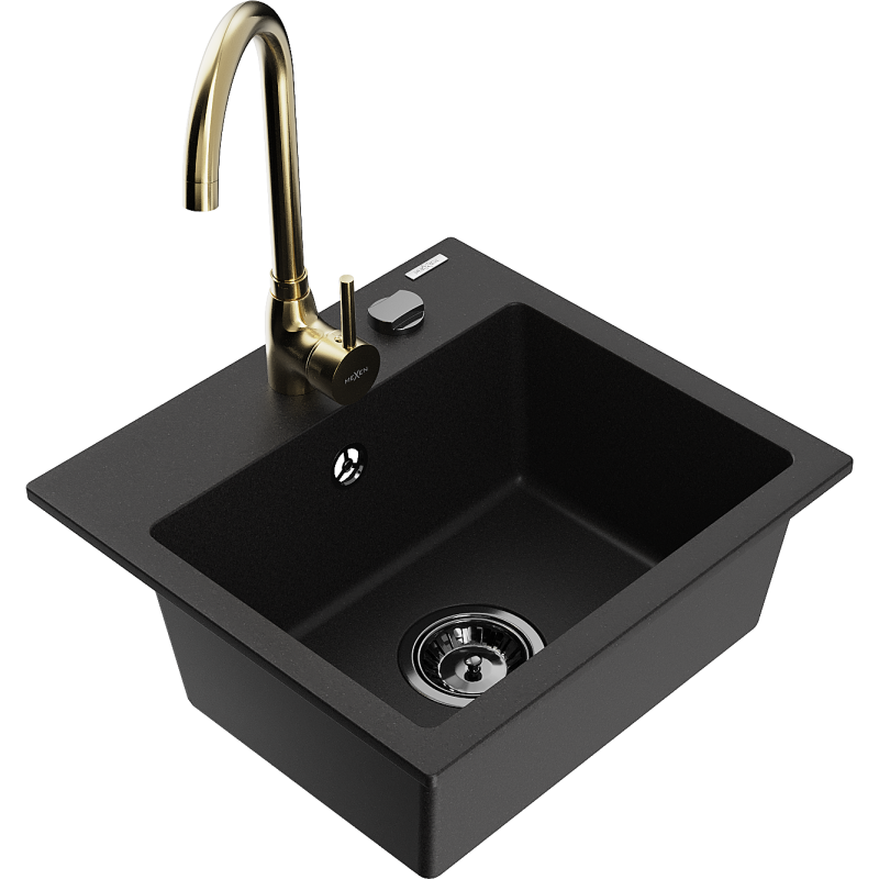 Mexen Milo granieten spoelbak met 1 bak met Telma keukenkraan, zwart - 6505-77-670200-50-B