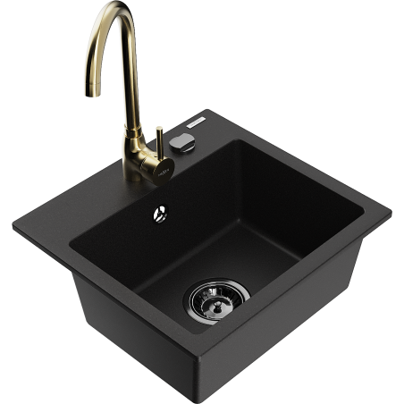 Mexen Milo granieten spoelbak met 1 bak met Telma keukenkraan, zwart - 6505-77-670200-50-B