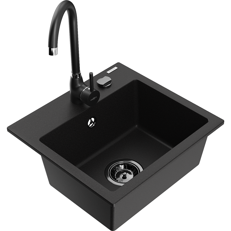 Mexen Milo granit diskbänk med 1 fack och Telma köksblandare, svart - 6505-77-670200-70-B