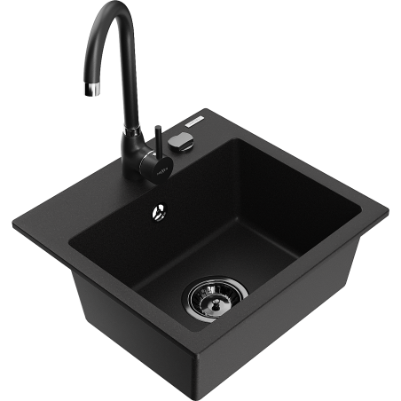 Mexen Milo granite kitchen sink 1-bowl with Telma kitchen faucet, black - 6505-77-670200-70-B