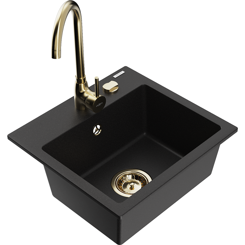 Mexen Milo granitdiskbänk med 1 kammare och Telma köksblandare, svart - 6505-77-670200-50