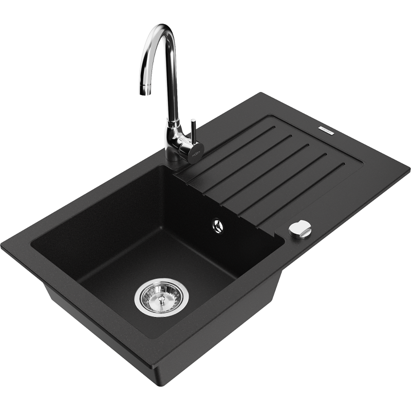 Mexen Pablo évier en granit 1 bac avec égouttoir et robinet de cuisine Telma, noir - 6510-77-670200-00