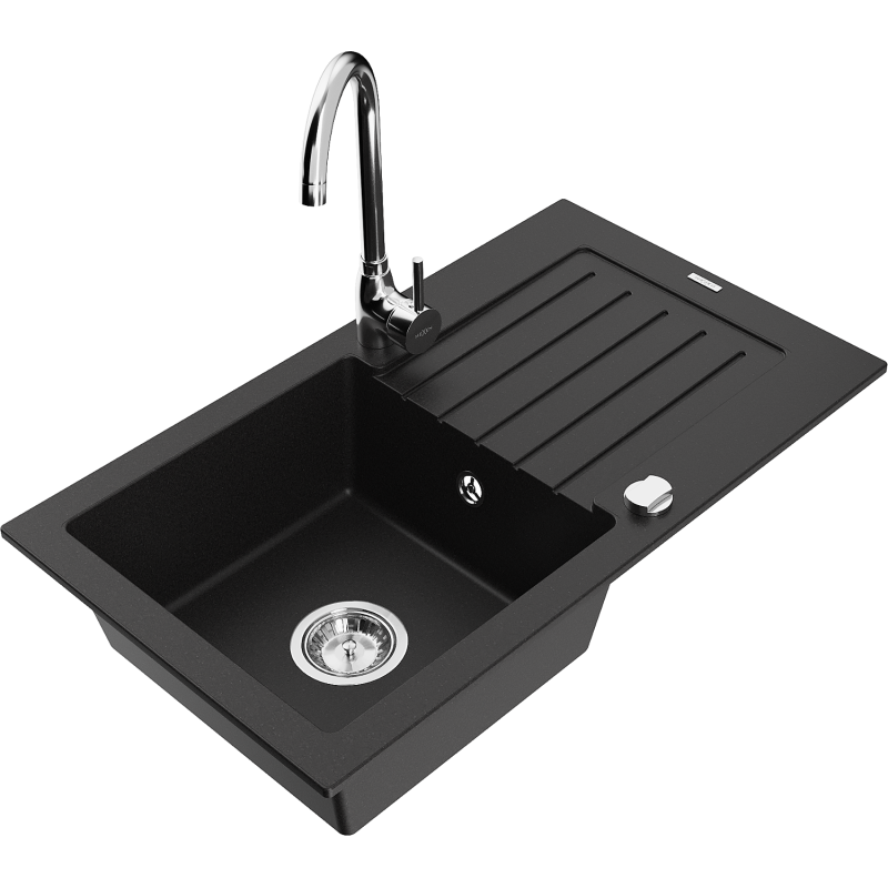 Mexen Pablo fregadero de granito de 1 cubeta con escurridor y grifo de cocina Telma, negro - 6510-77-670200-00