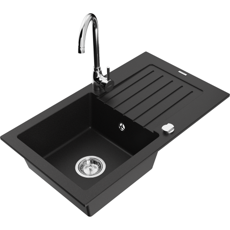 Mexen Pablo évier en granit 1 bac avec égouttoir et robinet de cuisine Telma, noir - 6510-77-670200-00