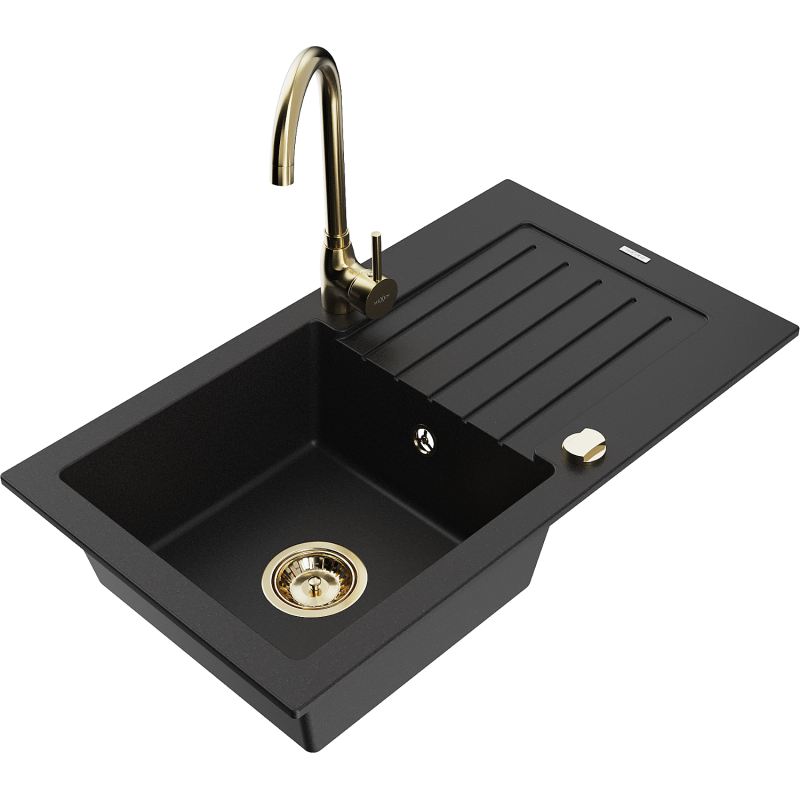 Mexen Pablo évier en granit 1 bac avec égouttoir et robinet de cuisine Telma, noir - 6510-77-670200-50