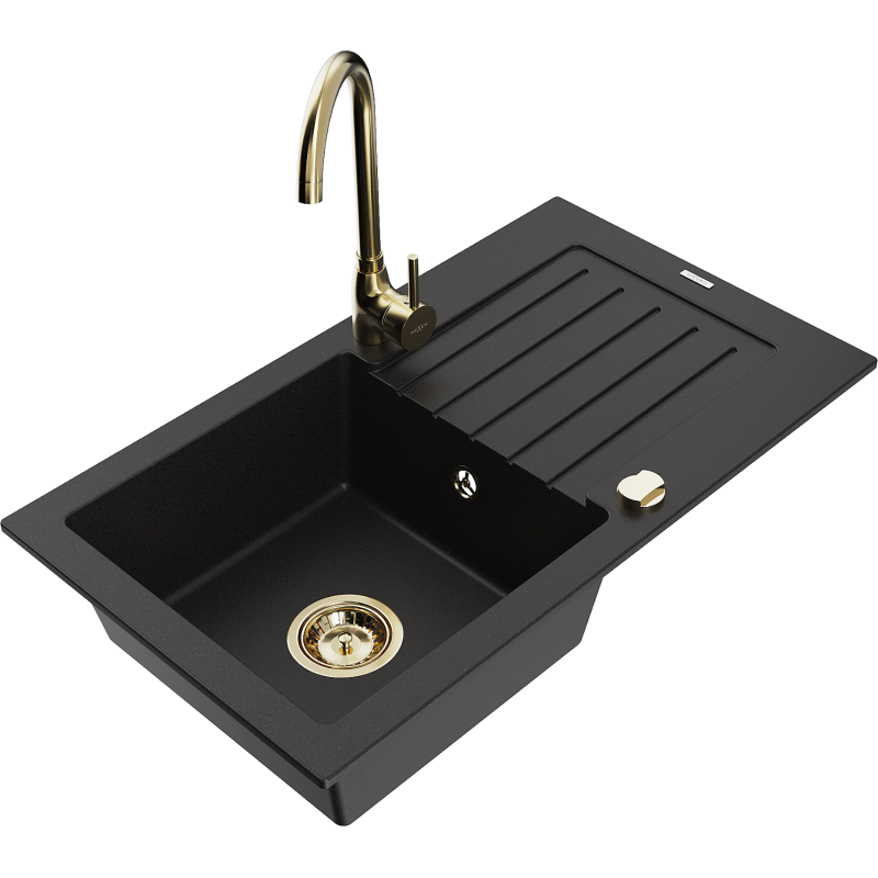 Mexen Pablo fregadero de granito de 1 cubeta con escurridor y grifo de cocina Telma, negro - 6510-77-670200-50