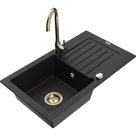Mexen Pablo fregadero de granito de 1 cubeta con escurridor y grifo de cocina Telma, negro - 6510-77-670200-50
