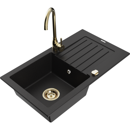 Mexen Pablo lava-louça de granito de 1 cuba com escorredor e torneira de cozinha Telma, preto - 6510-77-670200-50