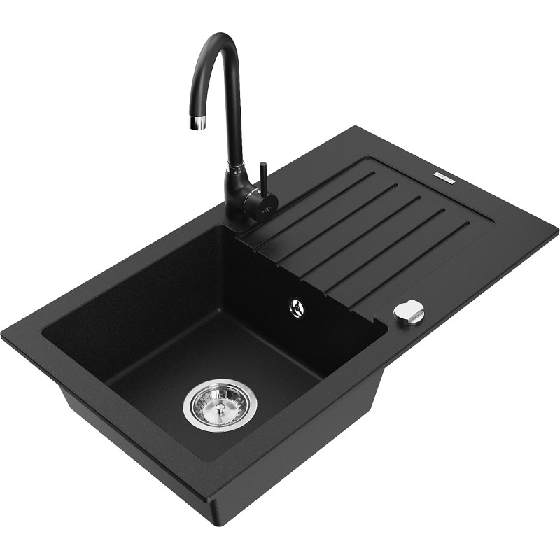 Mexen Pablo granite sink 1-bowl with drainer and Telma kitchen faucet, black - 6510-77-670200-70
