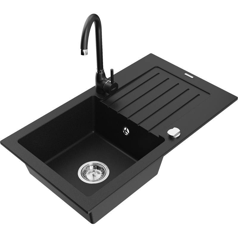 Mexen Pablo granitno pomivalno korito z 1 predelkom z odcejalnikom in kuhinjsko pipo Telma, črno - 6510-77-670200-70