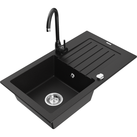 Mexen Pablo graniittinen yhden altaan keittiöallas valutuksella ja Telma keittiöhana, musta - 6510-77-670200-70