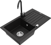 Mexen Pablo granite sink 1-bowl with drainer and Telma kitchen faucet, black - 6510-77-670200-70