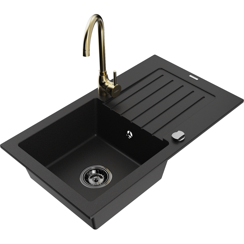 Mexen Pablo Granitspullt mat engem Becken mat Drainage an Kichenkran Telma, schwaarz - 6510-77-670200-50-B