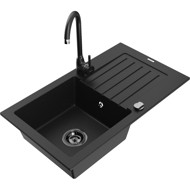 Mexen Pablo 1-bowl granite sink with drainer and Telma kitchen tap, black - 6510-77-670200-70-B