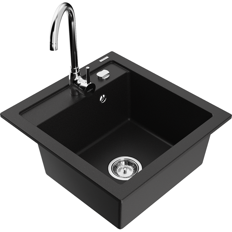 Mexen Vito 1-bowl granite sink with Telma kitchen tap, black - 6503-77-670200-00
