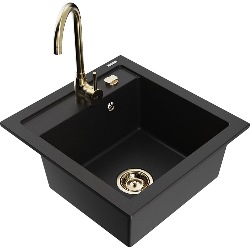 Mexen Vito 1-bowl granite sink with Telma kitchen faucet, black - 6503-77-670200-50