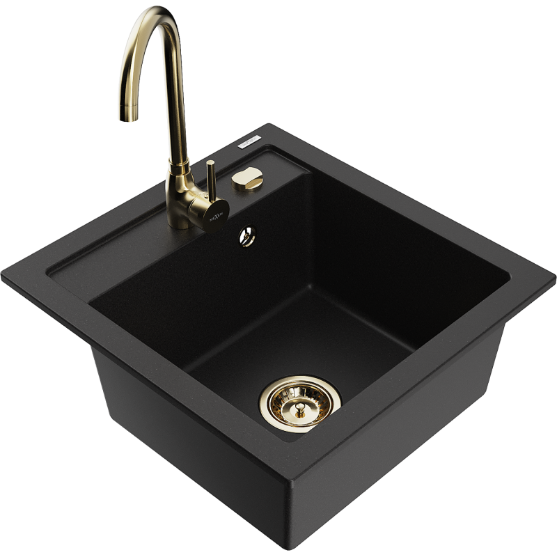 Mexen Vito graniitti yksialtainen keittiöallas Telma keittiöhanalla, musta - 6503-77-670200-50