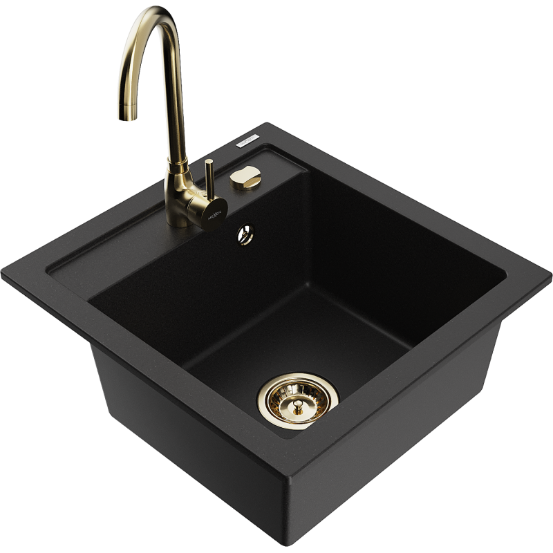 Mexen Vito granite sink single-bowl with Telma kitchen tap, black - 6503-77-670200-50