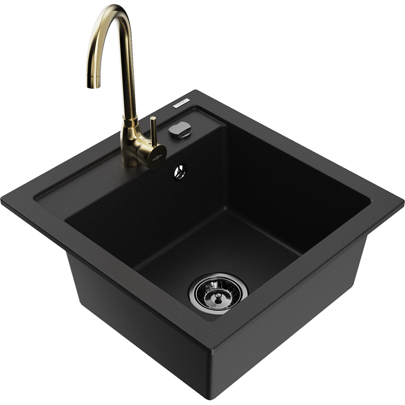 Mexen Vito 1-bowl granite sink with Telma kitchen tap, black - 6503-77-670200-50-B