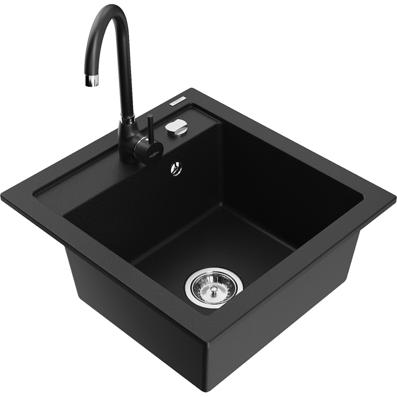 Mexen Vito fregadero de granito de 1 cubeta con grifo de cocina Telma, negro - 6503-77-670200-70