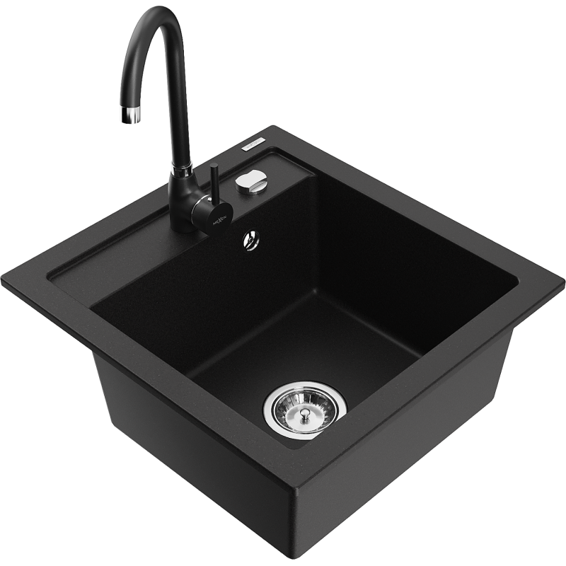 Mexen Vito granit gootsteen 1-kamer met keukenkraan Telma, zwart - 6503-77-670200-70
