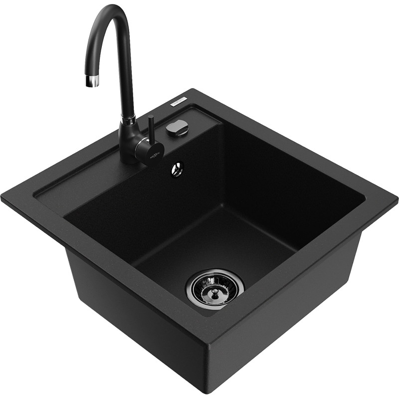 Mexen Vito fregadero de granito de 1 cámara con grifo de cocina Telma, negro - 6503-77-670200-70-B
