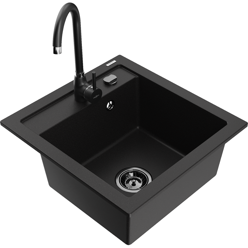 Mexen Vito single-bowl granite kitchen sink with Telma mixer tap, black - 6503-77-670200-70-B