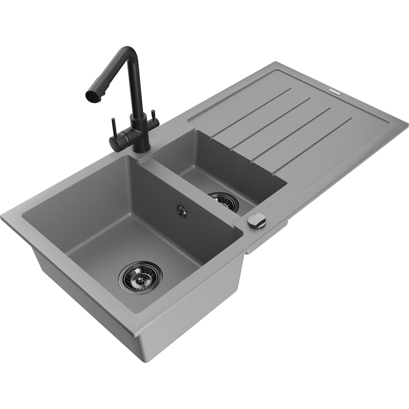 Mexen Andres lava-loiça de granito 1,5-cuba com escorredor e torneira de cozinha Duero, cinza - 6515-71-671600-70-B
