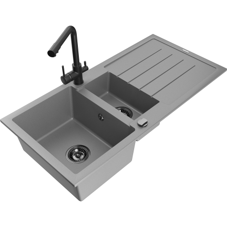 Mexen Andres granite sink 1.5-bowl with drainer and Duero kitchen faucet, gray - 6515-71-671600-70-B