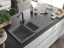 Mexen Andres granite sink 1.5-bowl with drainer and Duero kitchen faucet, gray - 6515-71-671600-70-B