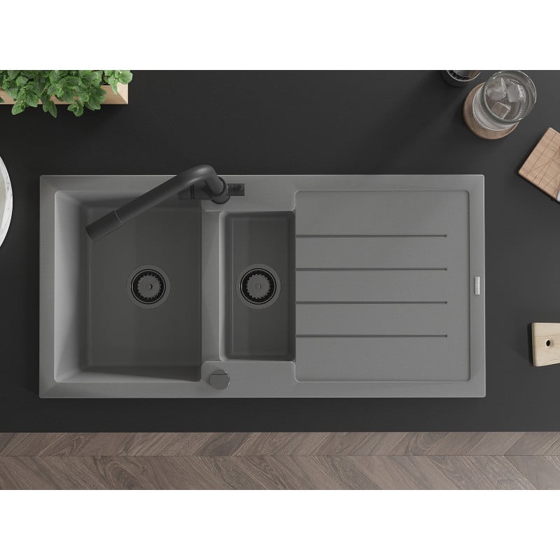 Mexen Andres évier en granit 1,5 bac avec égouttoir et robinet de cuisine Duero, gris - 6515-71-671600-70-B