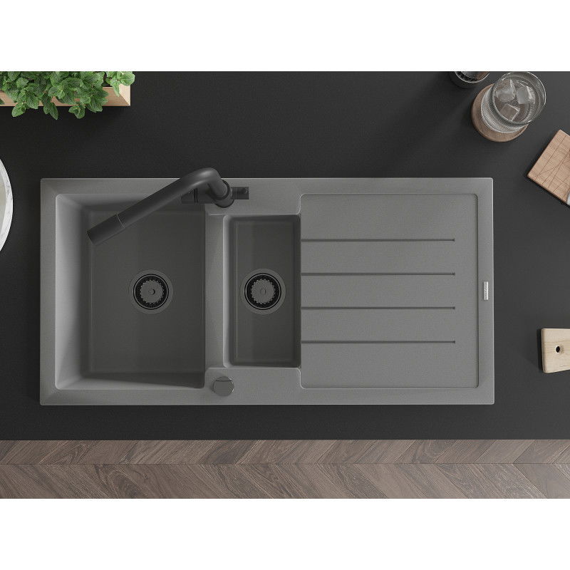 Mexen Andres Granit-Spullsteen 1,5-Kummer mat Drëpsystem a Kichenkran Duero, gro - 6515-71-671600-70-B