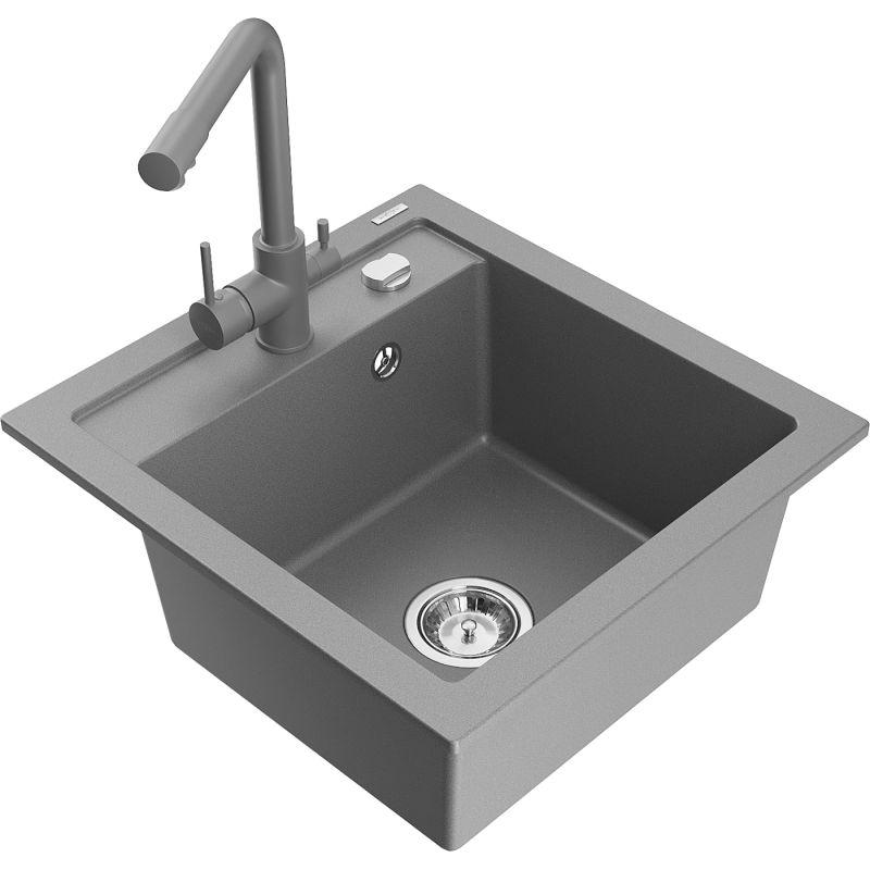 Mexen Vito évier en granit 1 cuve avec robinet de cuisine Duero, gris - 6503-71-671600-71