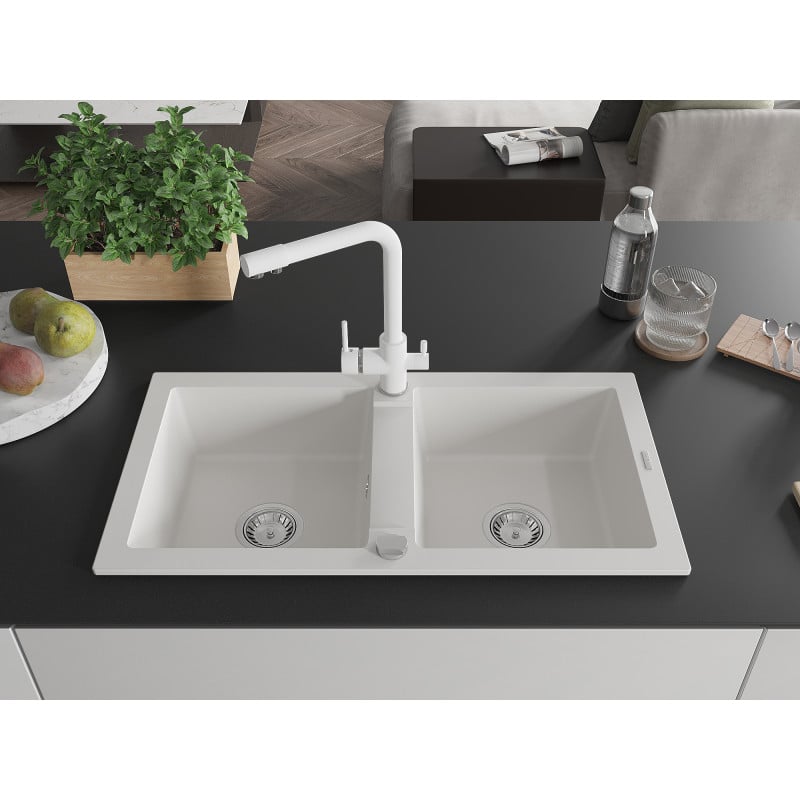 Mexen Mario granite sink 2-bowl with Duero kitchen tap, white - 6504-20-671600-20
