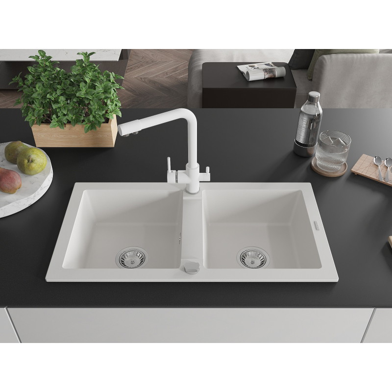 Mexen Mario granitische gootsteen 2-in-1 met keukenkraan Duero, wit - 6504-20-671600-20