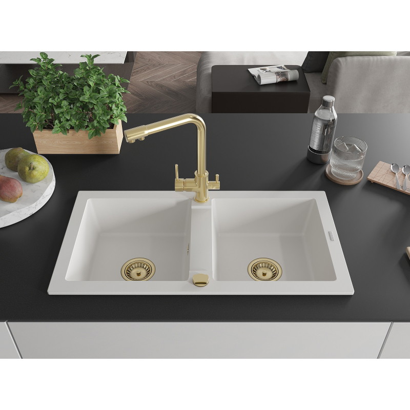 Mexen Mario fregadero de granito de 2 compartimentos con grifo de cocina Duero, blanco - 6504-20-671600-50