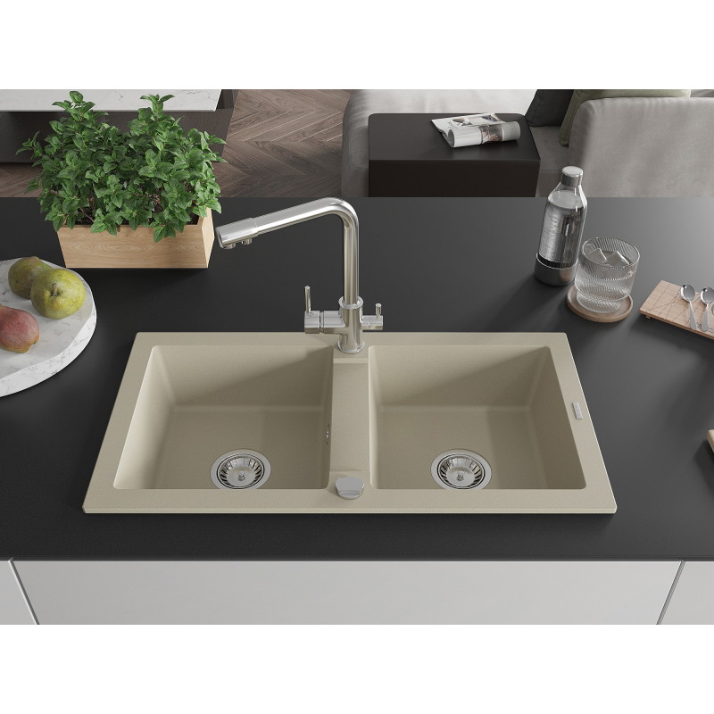 Mexen Mario Granitspüle 2-Kammern mit Küchenarmatur Duero, beige - 6504-69-671600-00