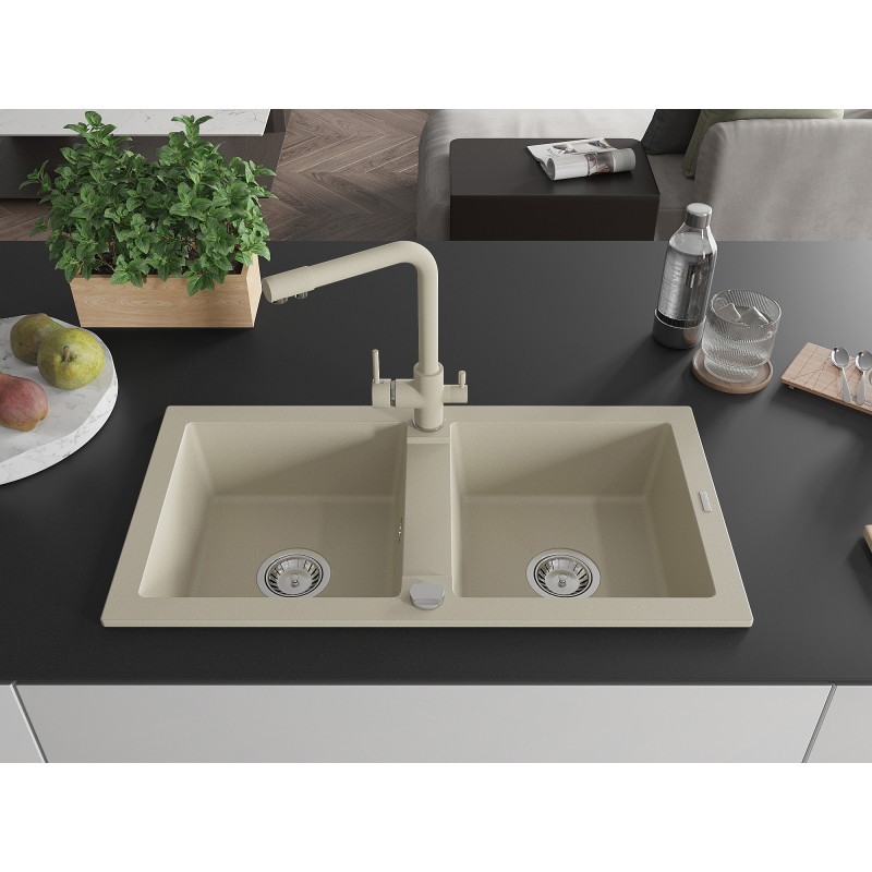 Mexen Mario fregadero de granito de 2 compartimentos con grifo de cocina Duero, beige - 6504-69-671600-69