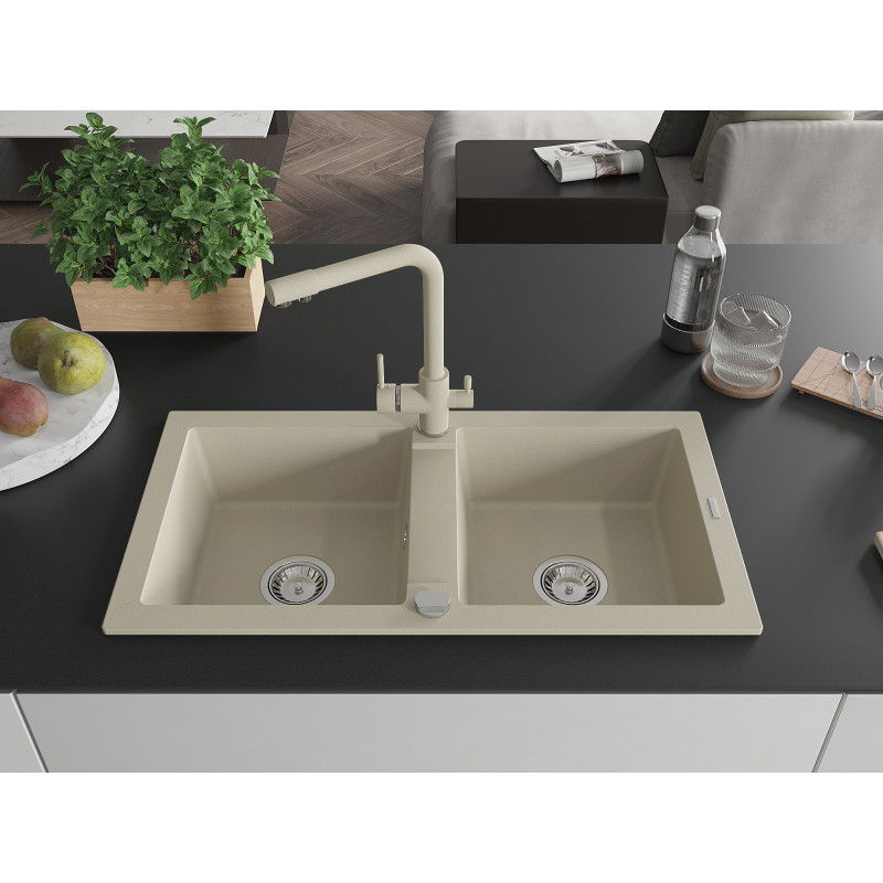 Mexen Mario lavello in granito a 2 vasche con miscelatore cucina Duero, beige - 6504-69-671600-69