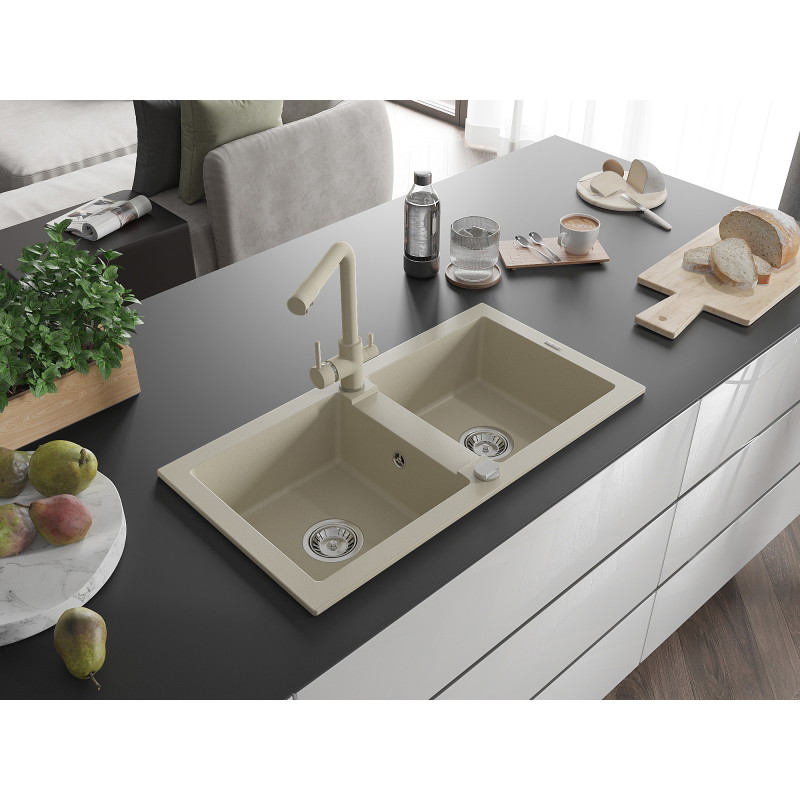 Mexen Mario fregadero de granito de 2 senos con grifo de cocina Duero, beige - 6504-69-671600-69