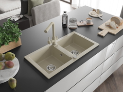 Mexen Mario 2-bowl granite sink with kitchen faucet Duero, beige - 6504-69-671600-69