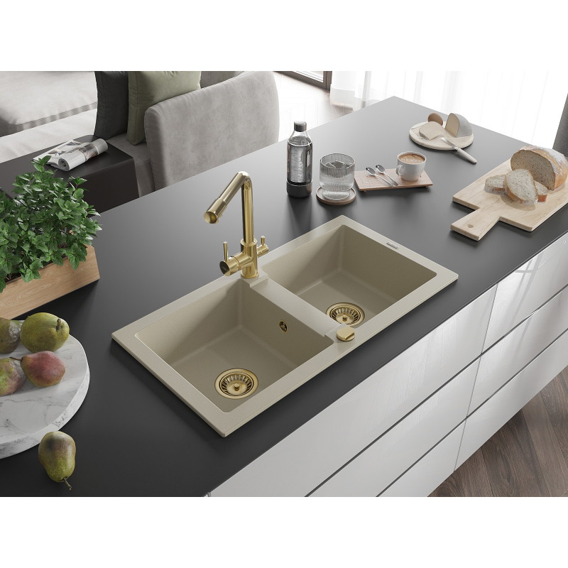 Mexen Mario Granitspüle 2-Kammern mit Küchenarmatur Duero, beige - 6504-69-671600-50