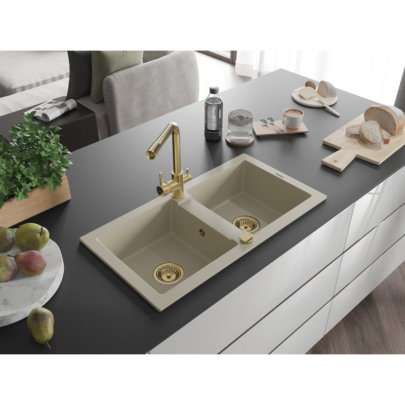Mexen Mario lavello da cucina in granito a 2 vasche con rubinetto Duero, beige - 6504-69-671600-50