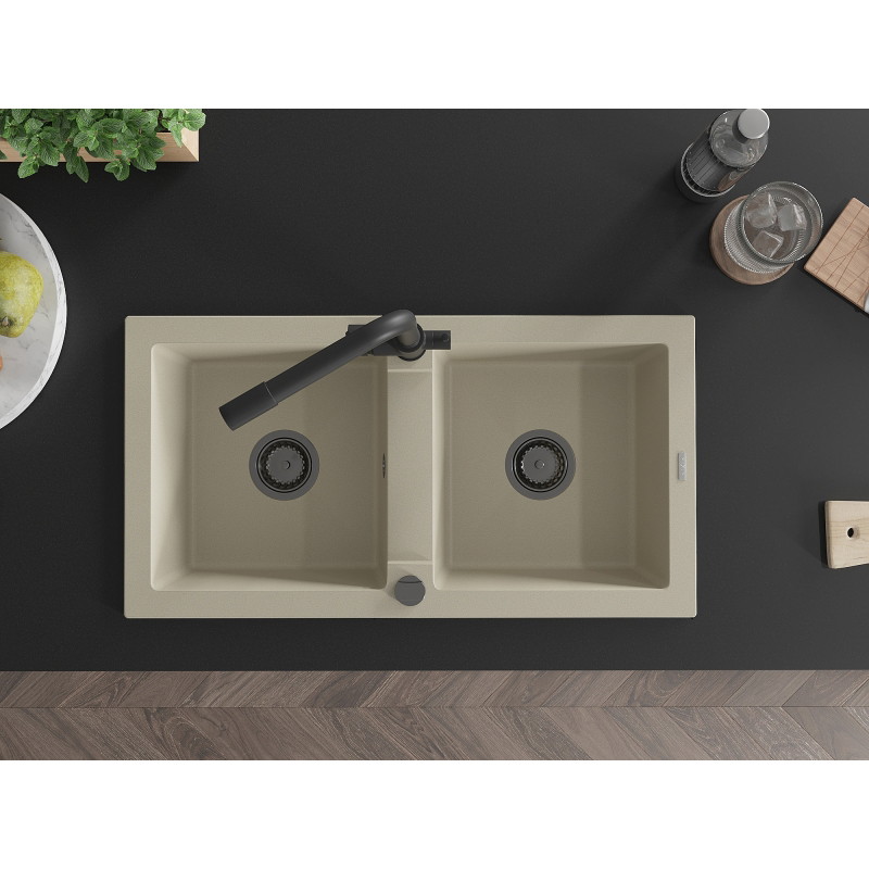 Mexen Mario granieten gootsteen met 2 compartimenten en keukenkraan Duero, beige - 6504-69-671600-70