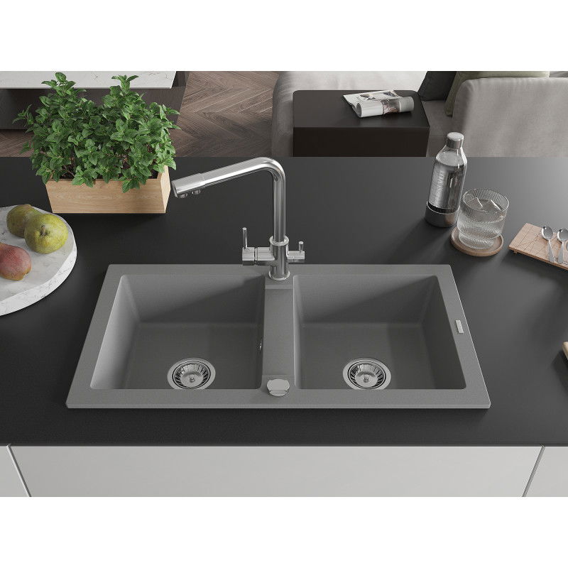 Mexen Mario granite sink 2-chamber with Duero kitchen faucet, grey - 6504-71-671600-00