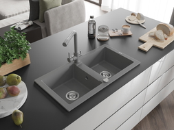 Mexen Mario 2-Bowl Granite Kitchen Sink with Duero Faucet, Gray - 6504-71-671600-71