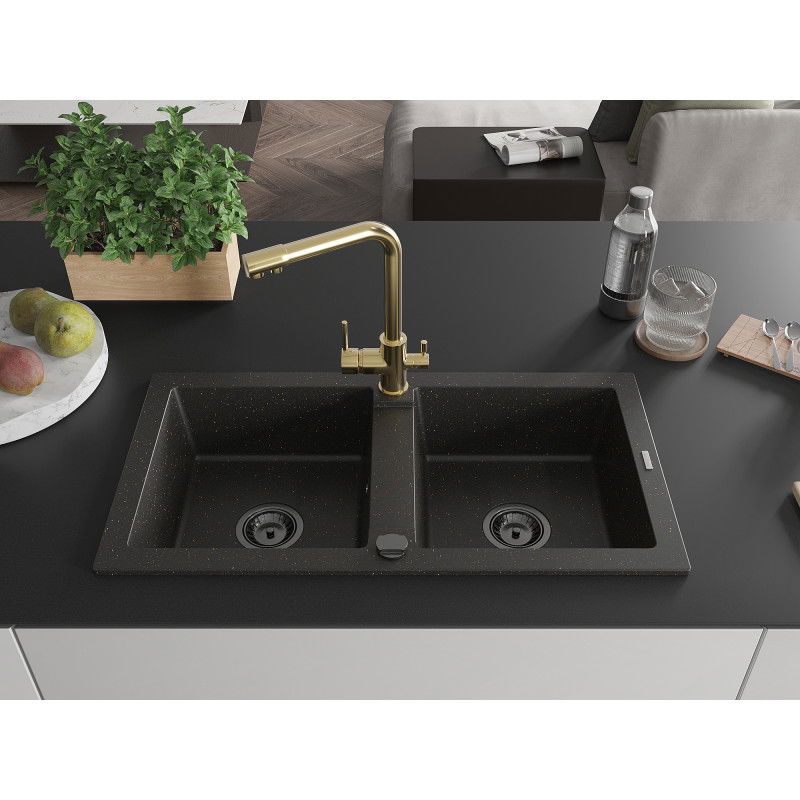 Mexen Mario granite kitchen sink 2-bowl with Duero kitchen tap, black/gold metallic - 6504-75-671600-50-B